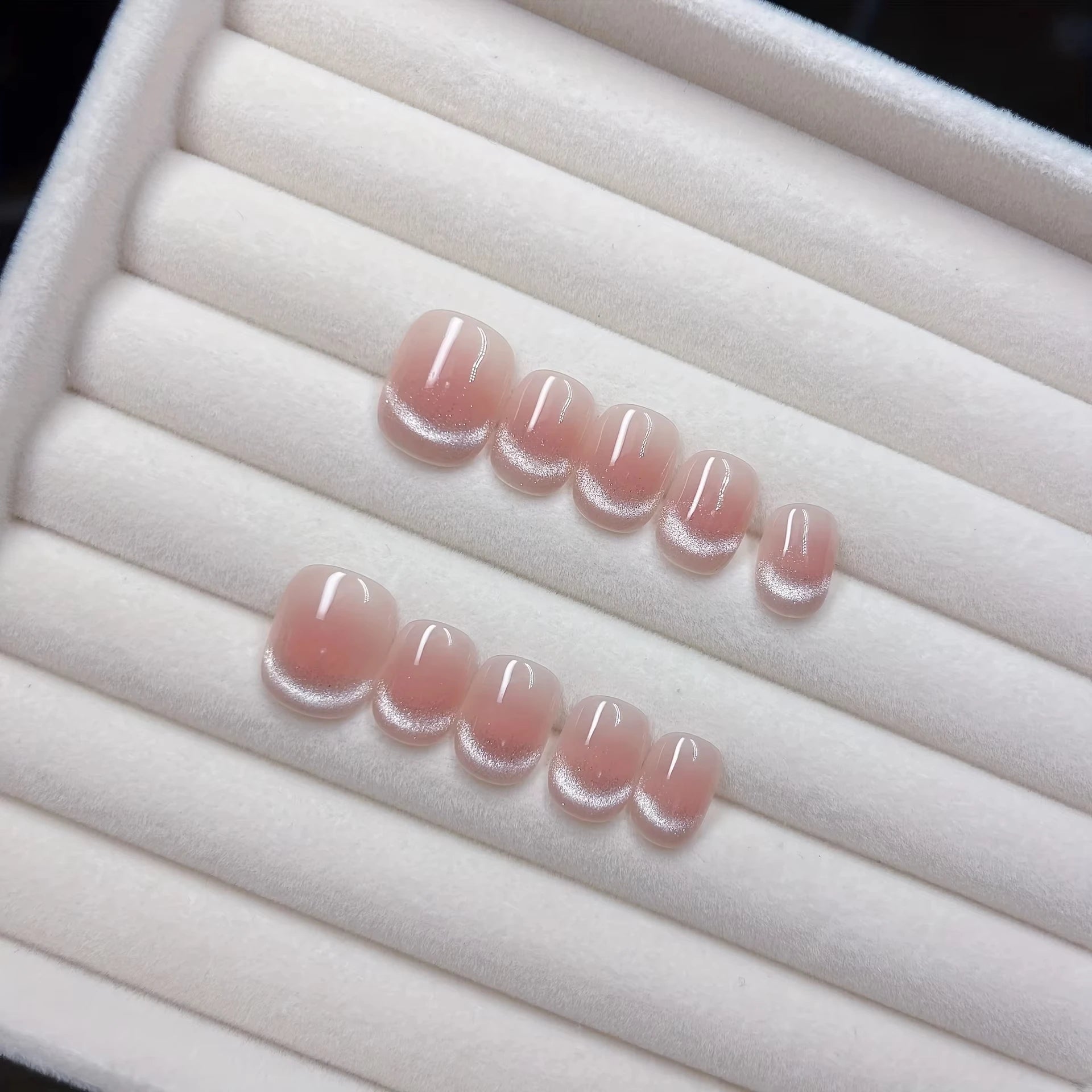 10pcs Handmade Press on Nails Plaid Pearl French Cat's Eye Aurora Fishtail Full Coverage Nail Tip for Women&Girl Removable Nail - Paola Center