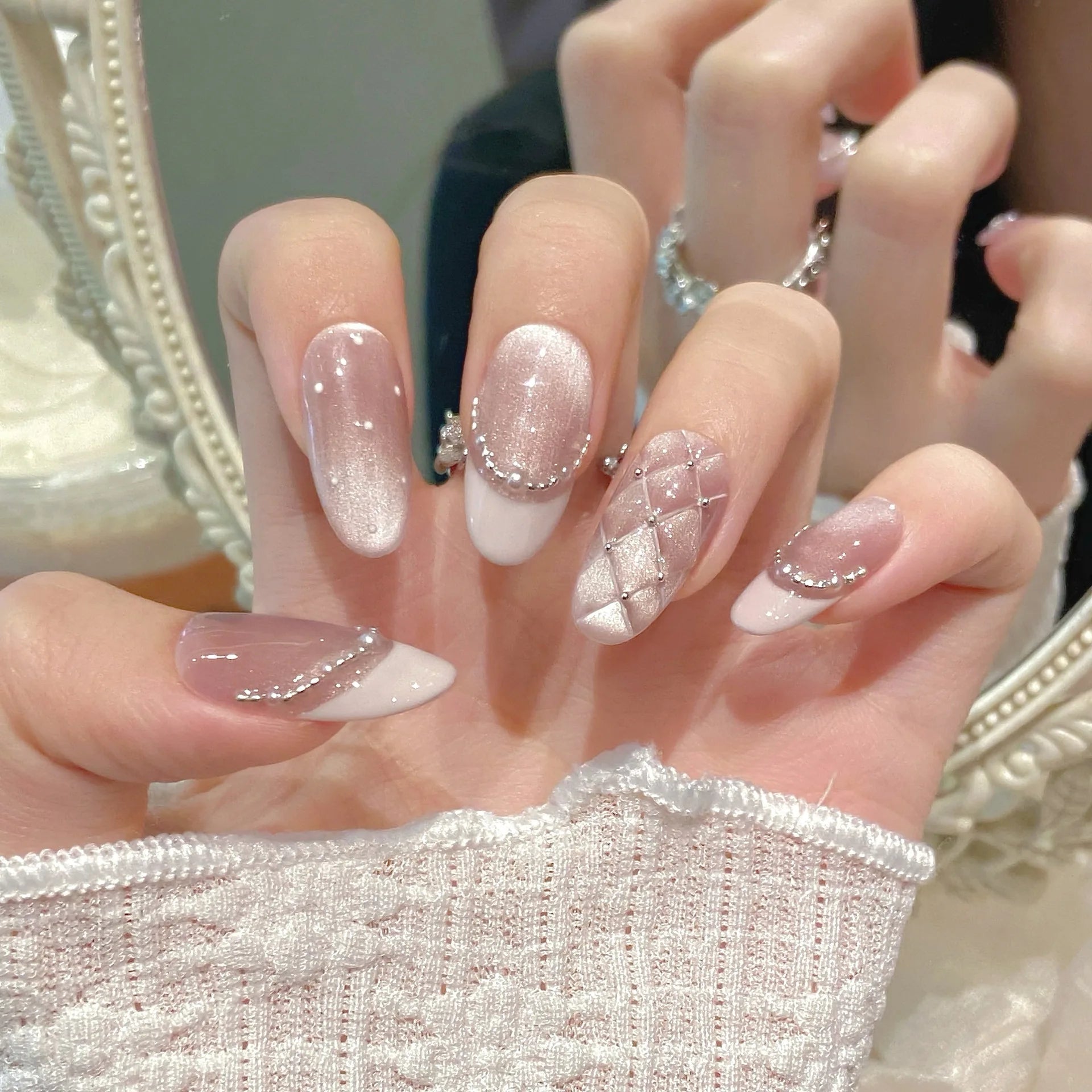 10pcs Handmade Press on Nails Plaid Pearl French Cat's Eye Aurora Fishtail Full Coverage Nail Tip for Women&Girl Removable Nail - Paola Center