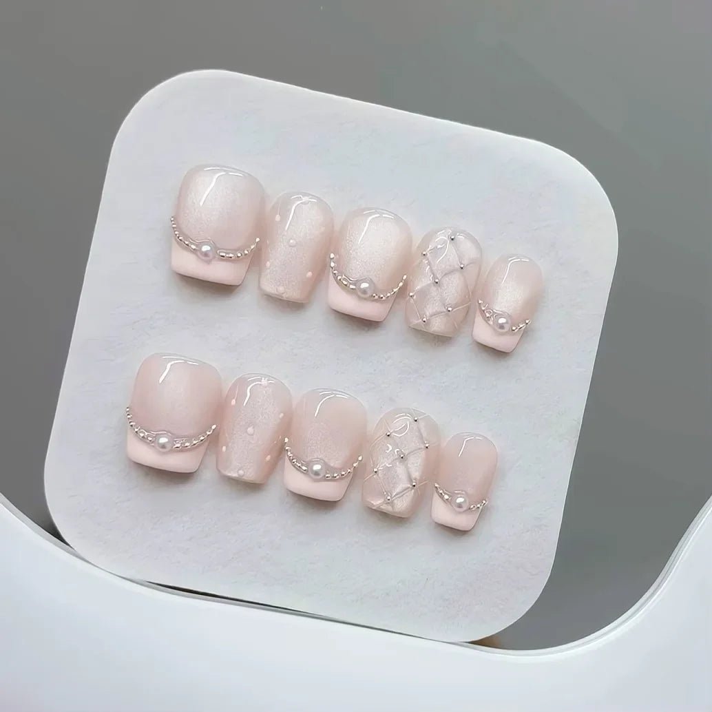 10pcs Handmade Press on Nails Plaid Pearl French Cat's Eye Aurora Fishtail Full Coverage Nail Tip for Women&Girl Removable Nail - Paola Center