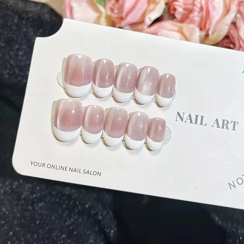 10pcs Handmade Press on Nails Plaid Pearl French Cat's Eye Aurora Fishtail Full Coverage Nail Tip for Women&Girl Removable Nail - Paola Center