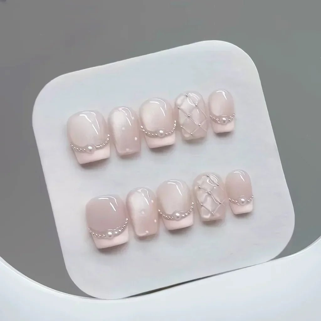 10pcs Handmade Press on Nails Plaid Pearl French Cat's Eye Aurora Fishtail Full Coverage Nail Tip for Women&Girl Removable Nail - Paola Center