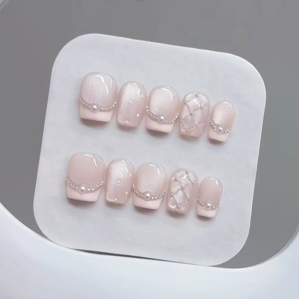 10pcs Handmade Press on Nails Plaid Pearl French Cat's Eye Aurora Fishtail Full Coverage Nail Tip for Women&Girl Removable Nail - Paola Center