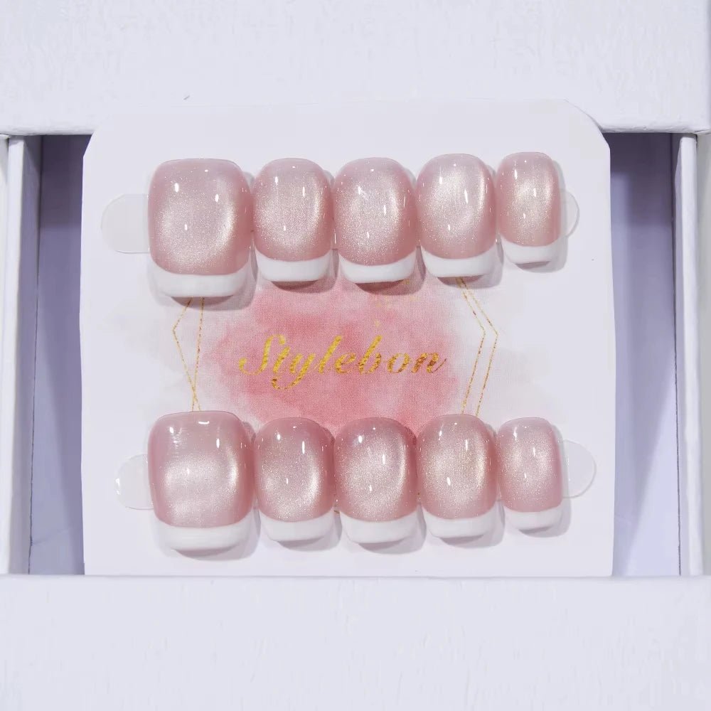 10pcs Handmade Press on Nails Plaid Pearl French Cat's Eye Aurora Fishtail Full Coverage Nail Tip for Women&Girl Removable Nail - Paola Center