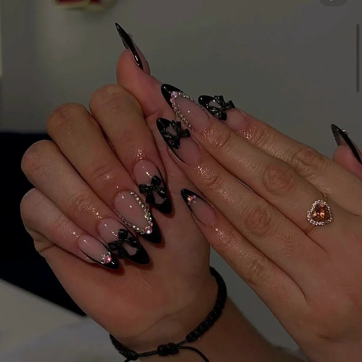 24Pcs False Nails Spicy Girl Silver Bow with Diamond Fake Nails with Glue Almond Press on Nails Black Cool Y2k Almond Nail Set - Paola Center