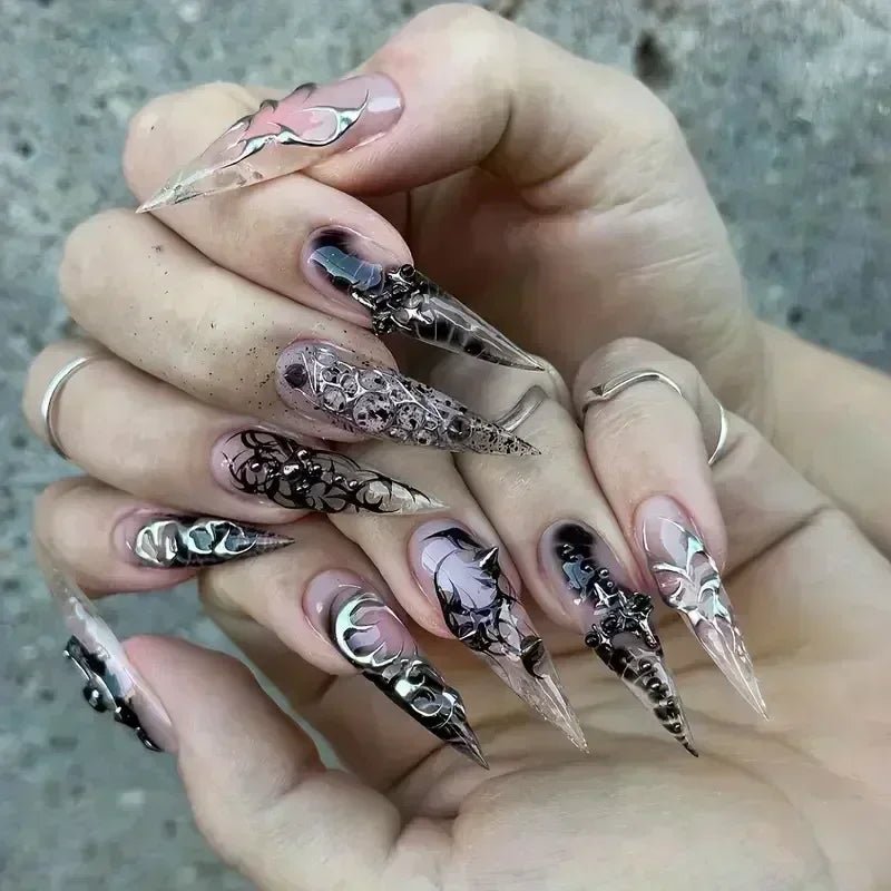 24Pcs False Nails Spicy Girl Silver Bow with Diamond Fake Nails with Glue Almond Press on Nails Black Cool Y2k Almond Nail Set - Paola Center