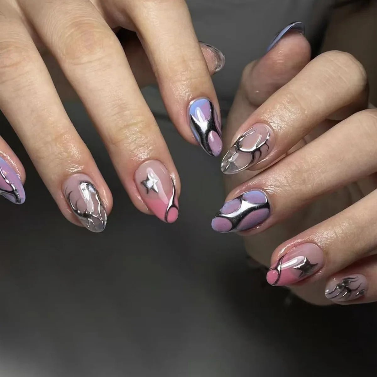 24Pcs False Nails Spicy Girl Silver Bow with Diamond Fake Nails with Glue Almond Press on Nails Black Cool Y2k Almond Nail Set - Paola Center