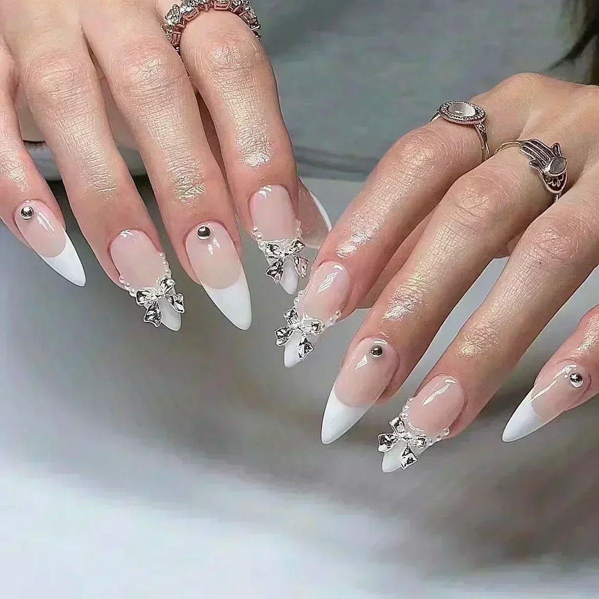 24Pcs False Nails Spicy Girl Silver Bow with Diamond Fake Nails with Glue Almond Press on Nails Black Cool Y2k Almond Nail Set - Paola Center