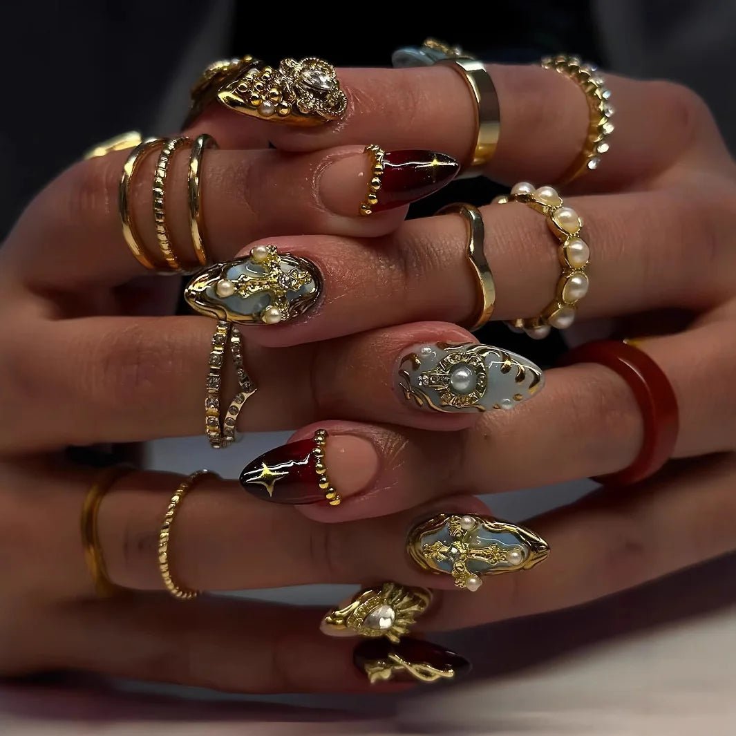 24Pcs False Nails Spicy Girl Silver Bow with Diamond Fake Nails with Glue Almond Press on Nails Black Cool Y2k Almond Nail Set - Paola Center