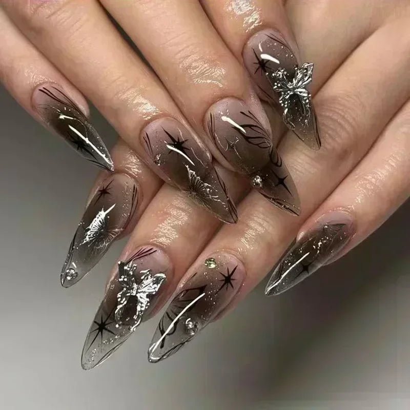 24Pcs False Nails Spicy Girl Silver Bow with Diamond Fake Nails with Glue Almond Press on Nails Black Cool Y2k Almond Nail Set - Paola Center