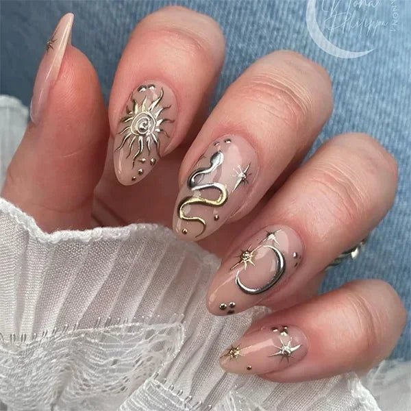 24Pcs False Nails Spicy Girl Silver Bow with Diamond Fake Nails with Glue Almond Press on Nails Black Cool Y2k Almond Nail Set - Paola Center
