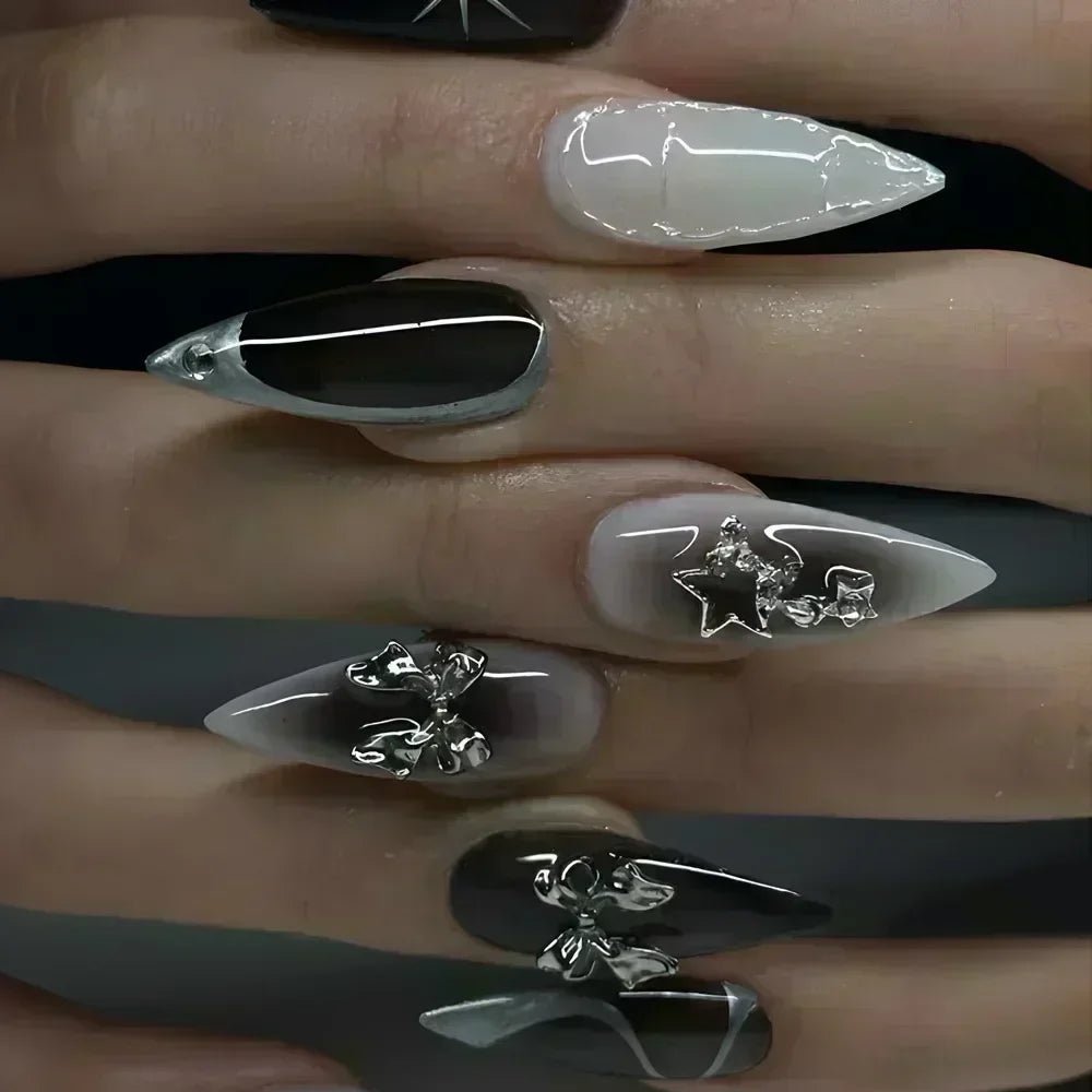 24Pcs False Nails Spicy Girl Silver Bow with Diamond Fake Nails with Glue Almond Press on Nails Black Cool Y2k Almond Nail Set - Paola Center