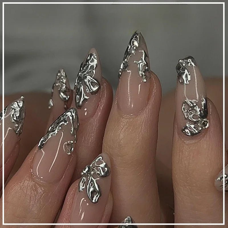 24Pcs False Nails Spicy Girl Silver Bow with Diamond Fake Nails with Glue Almond Press on Nails Black Cool Y2k Almond Nail Set - Paola Center