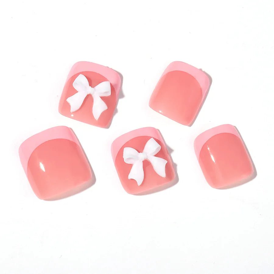 24pcs French Pink False Toenails White Bow Design Summer Press On Nail for Feet Wearable Square Fake Nails Patch Manicure Set - Paola Center
