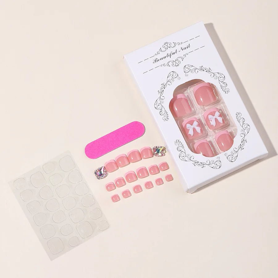 24pcs French Pink False Toenails White Bow Design Summer Press On Nail for Feet Wearable Square Fake Nails Patch Manicure Set - Paola Center
