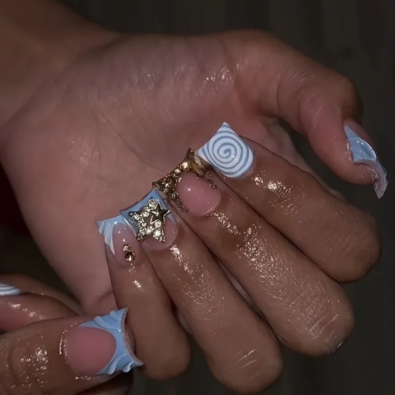 24pcs Short Duckbill False Nails Wearable Blue French Fake Nails Star Flash Rhinestones Decor Gradient Y2k Nails Press on Nail - Paola Center