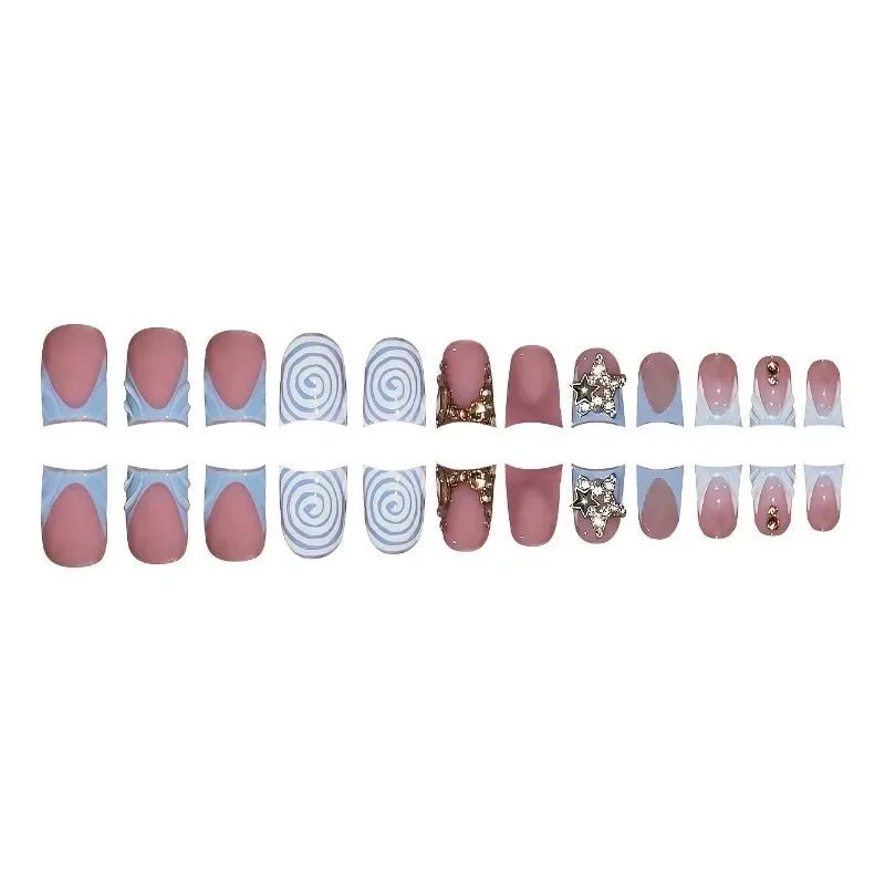 24pcs Short Duckbill False Nails Wearable Blue French Fake Nails Star Flash Rhinestones Decor Gradient Y2k Nails Press on Nail - Paola Center