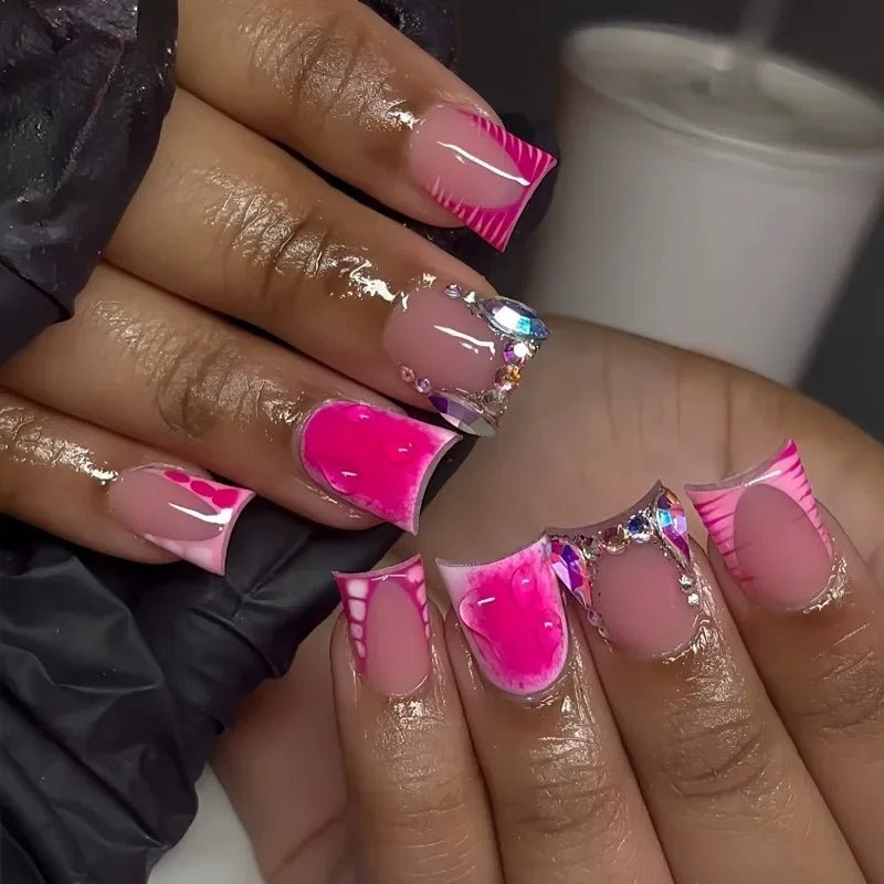 24pcs Short Duckbill False Nails Wearable Blue French Fake Nails Star Flash Rhinestones Decor Gradient Y2k Nails Press on Nail - Paola Center