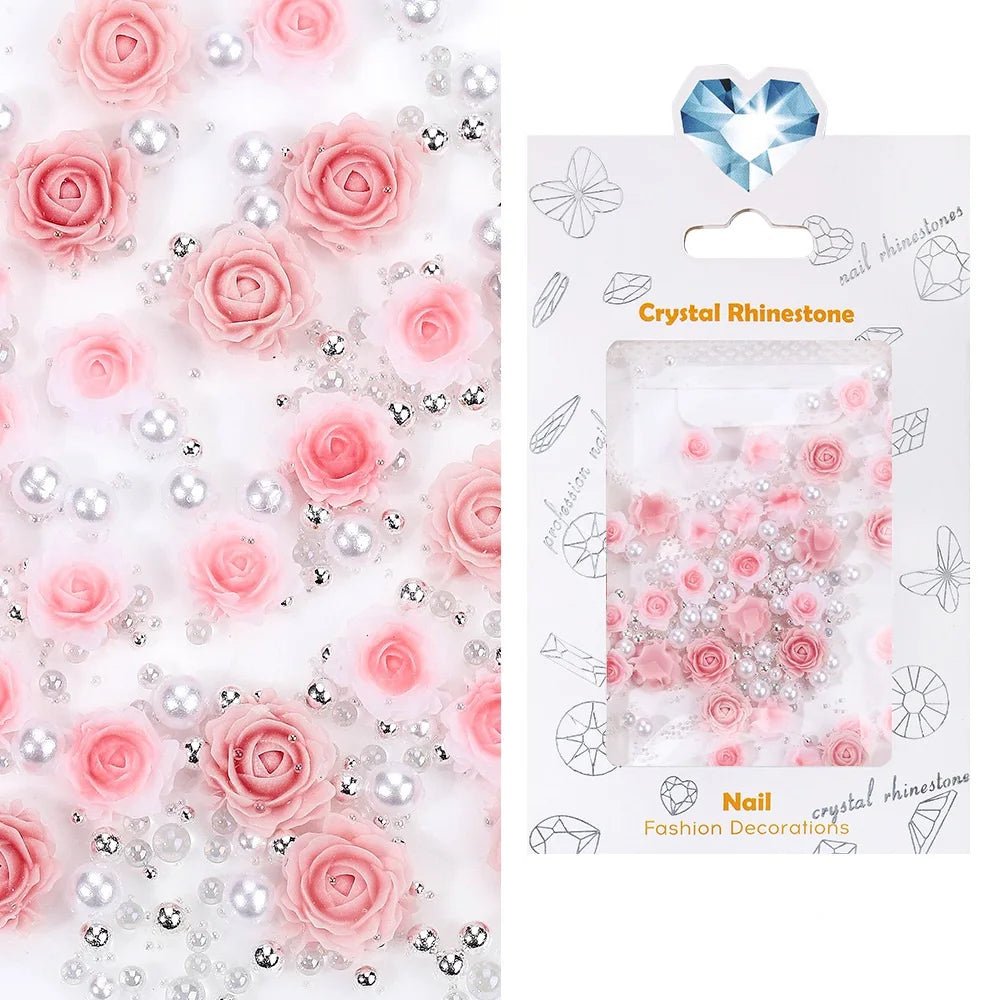 30pcs Flower Nail Charms Pink 3D Roses Flower Charms for Nail Decoration White Pearl Beads for Manicure DIY Nail Art Rhinestones - Paola Center