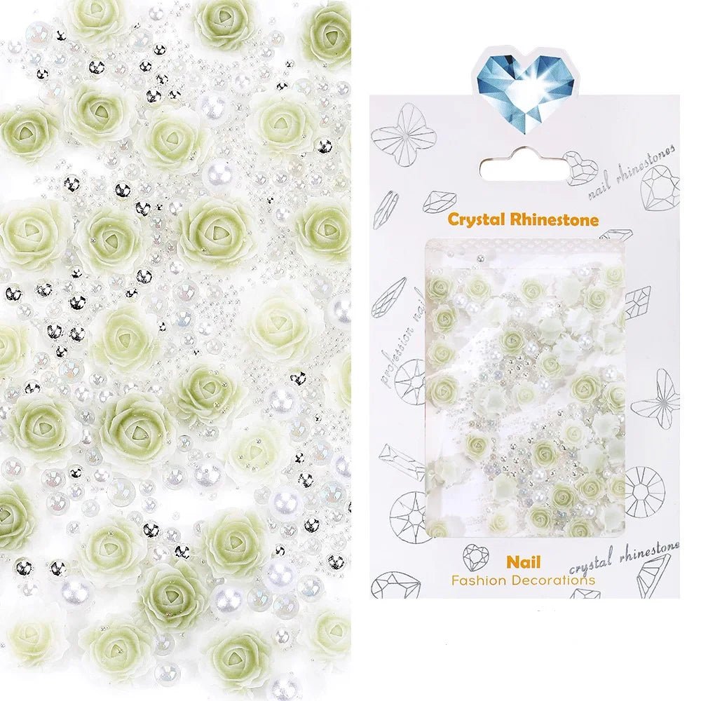 30pcs Flower Nail Charms Pink 3D Roses Flower Charms for Nail Decoration White Pearl Beads for Manicure DIY Nail Art Rhinestones - Paola Center