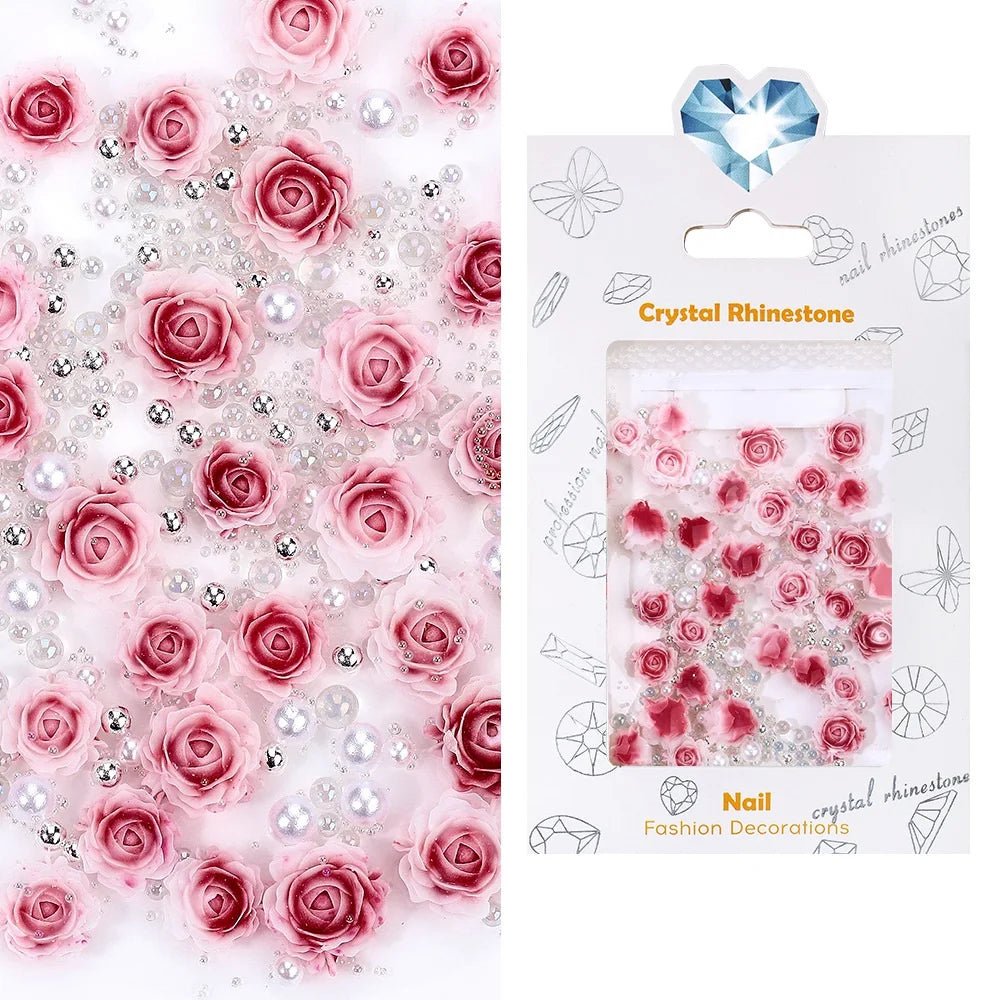 30pcs Flower Nail Charms Pink 3D Roses Flower Charms for Nail Decoration White Pearl Beads for Manicure DIY Nail Art Rhinestones - Paola Center