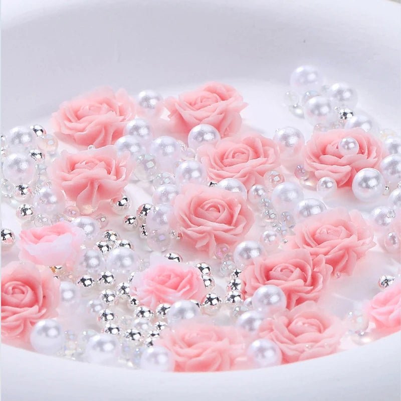 30pcs Flower Nail Charms Pink 3D Roses Flower Charms for Nail Decoration White Pearl Beads for Manicure DIY Nail Art Rhinestones - Paola Center
