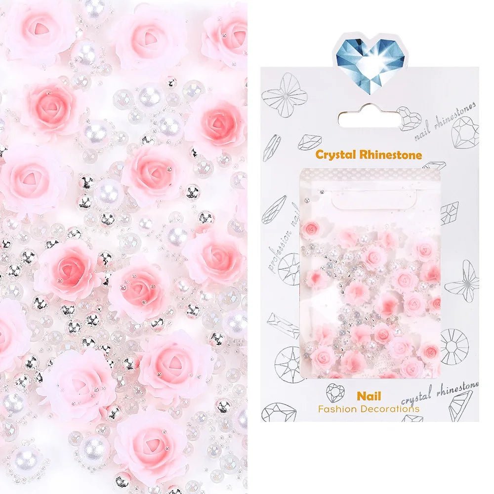 30pcs Flower Nail Charms Pink 3D Roses Flower Charms for Nail Decoration White Pearl Beads for Manicure DIY Nail Art Rhinestones - Paola Center