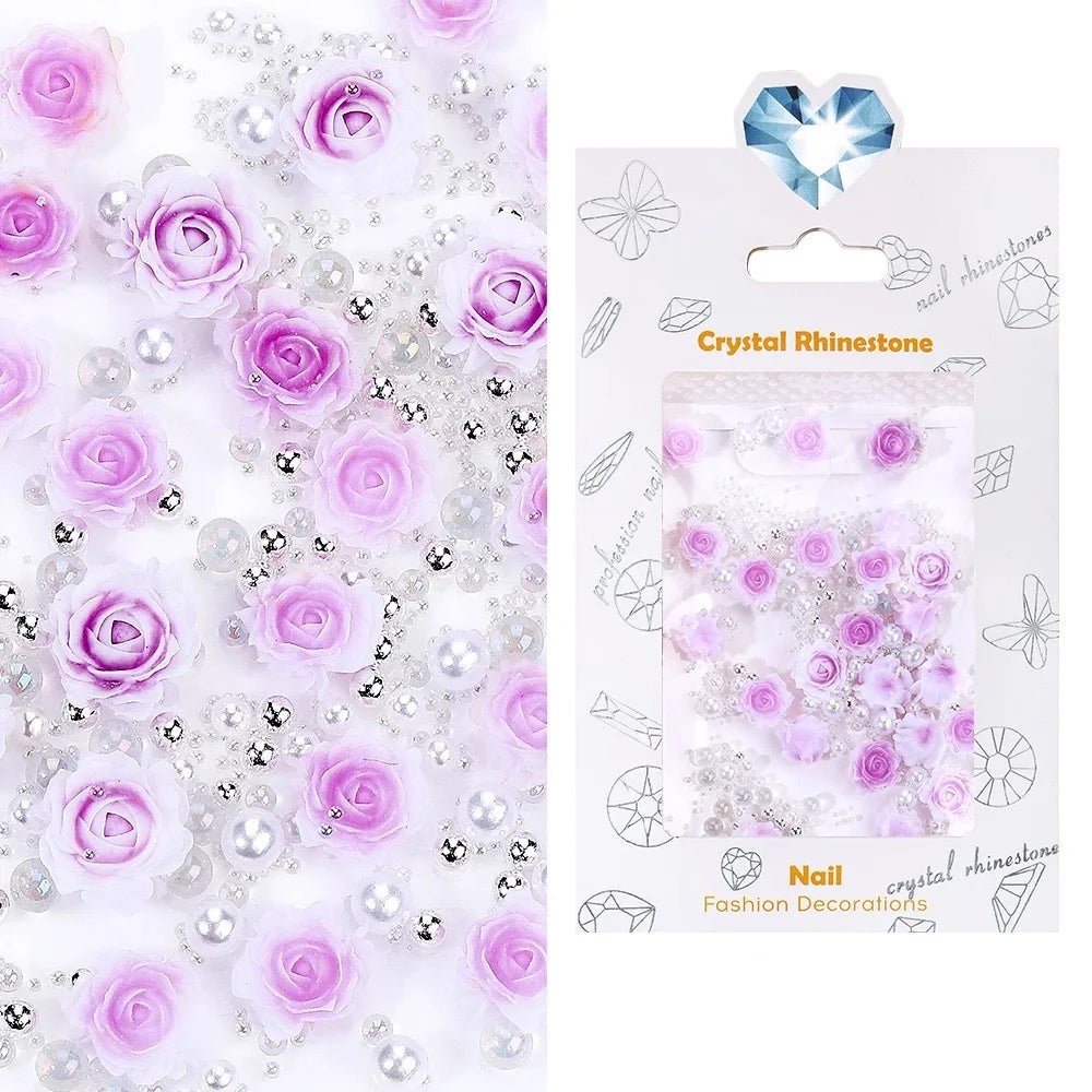 30pcs Flower Nail Charms Pink 3D Roses Flower Charms for Nail Decoration White Pearl Beads for Manicure DIY Nail Art Rhinestones - Paola Center