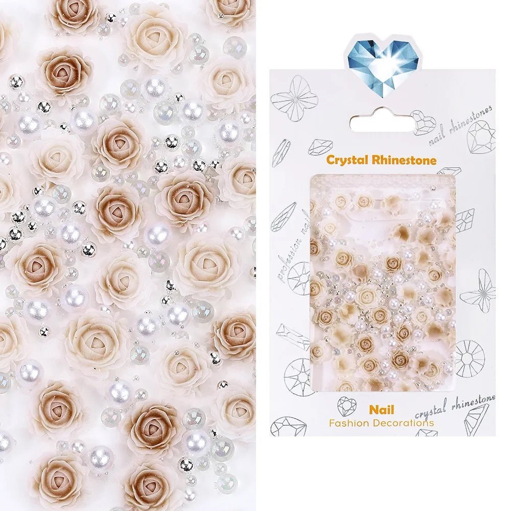 30pcs Flower Nail Charms Pink 3D Roses Flower Charms for Nail Decoration White Pearl Beads for Manicure DIY Nail Art Rhinestones - Paola Center