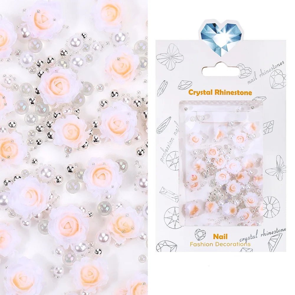 30pcs Flower Nail Charms Pink 3D Roses Flower Charms for Nail Decoration White Pearl Beads for Manicure DIY Nail Art Rhinestones - Paola Center