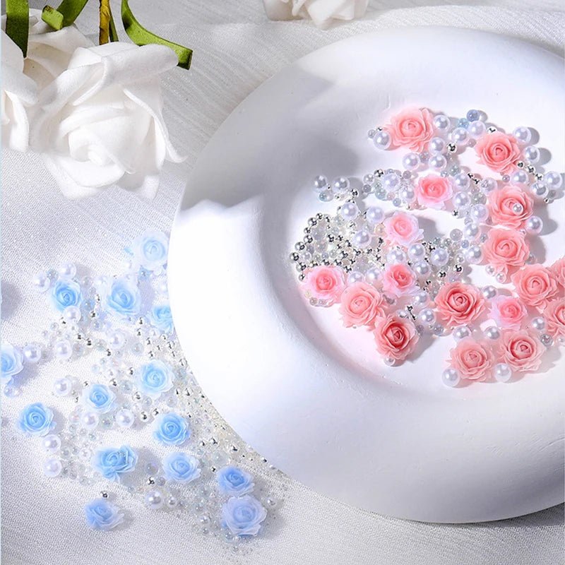 30pcs Flower Nail Charms Pink 3D Roses Flower Charms for Nail Decoration White Pearl Beads for Manicure DIY Nail Art Rhinestones - Paola Center