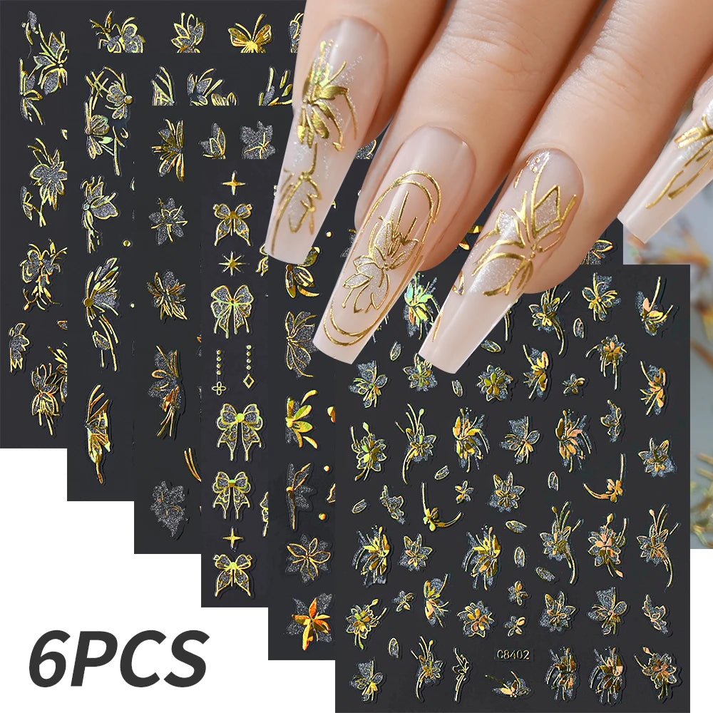 6pcs/set High Gloss Reflective Nail Sticker Gold Silver Aurora Wave Lines 3D Self - Adhesive Nail Art Decal Design Manicure Tool - Paola Center
