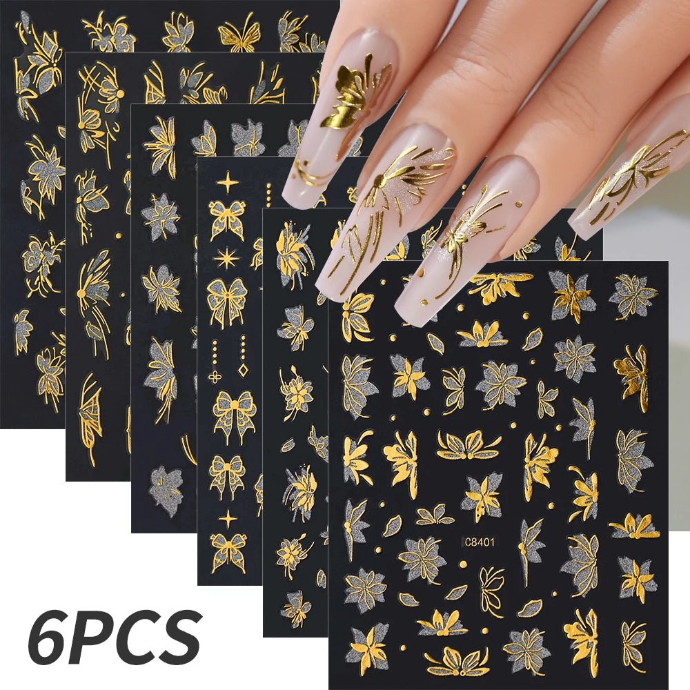 6pcs/set High Gloss Reflective Nail Sticker Gold Silver Aurora Wave Lines 3D Self - Adhesive Nail Art Decal Design Manicure Tool - Paola Center