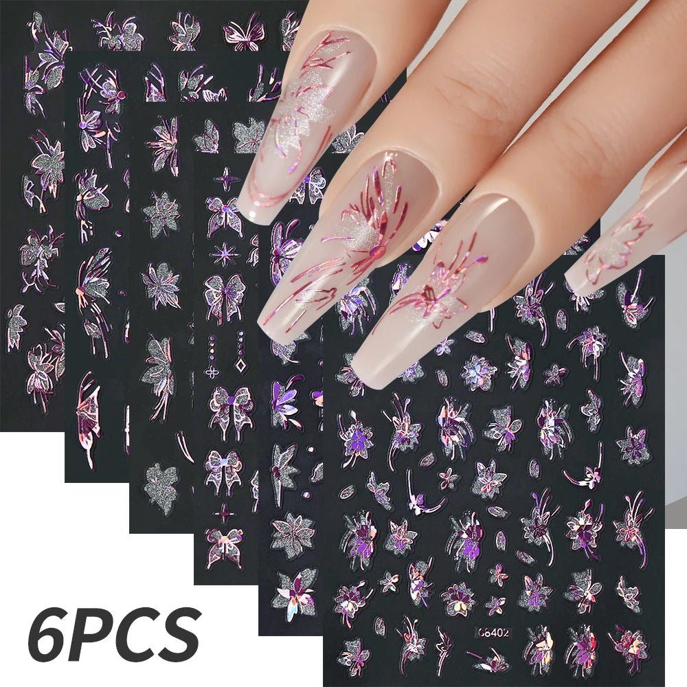 6pcs/set High Gloss Reflective Nail Sticker Gold Silver Aurora Wave Lines 3D Self - Adhesive Nail Art Decal Design Manicure Tool - Paola Center