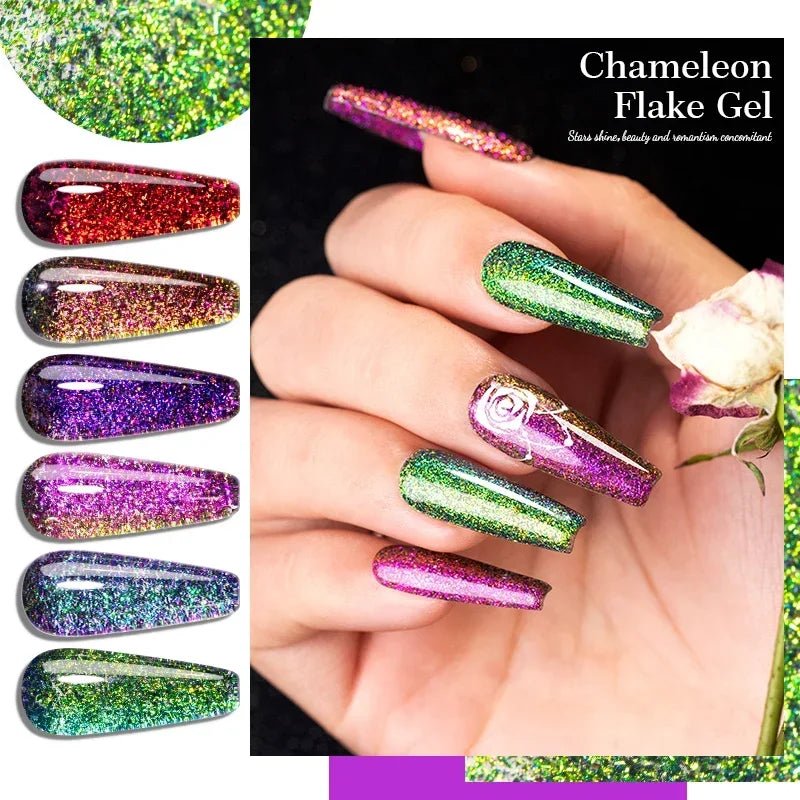 BOZLIN Chameleon Flake Gel Nail Polish Spring Color Sparkling Sequins Soak Off UV Glitter Gel Varnish Nail Art Decoration 5ML - Paola Center
