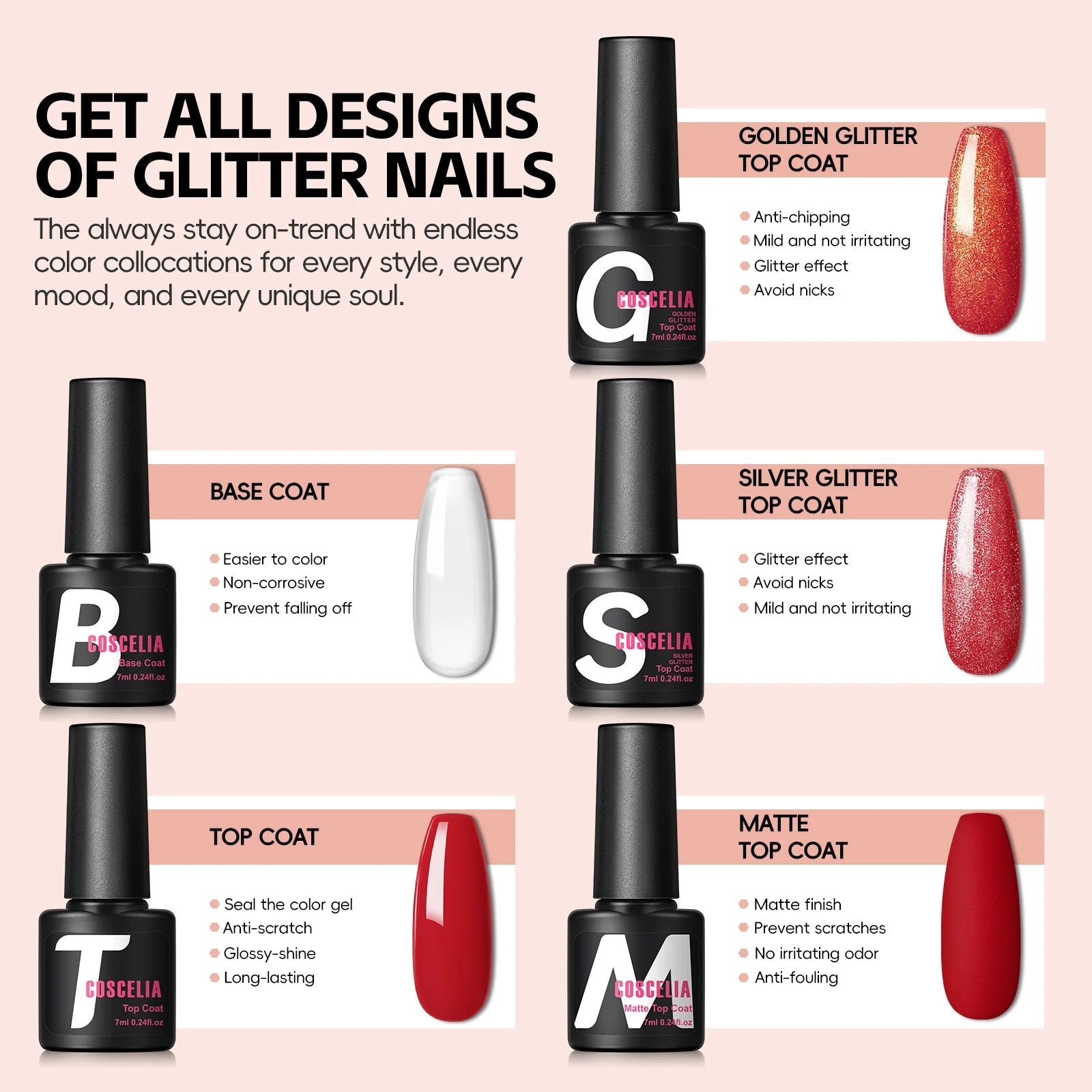 Goscella nail art supplies featuring luxury nails in various colors, including matte and glitter finishes for Hailey Bieber nails