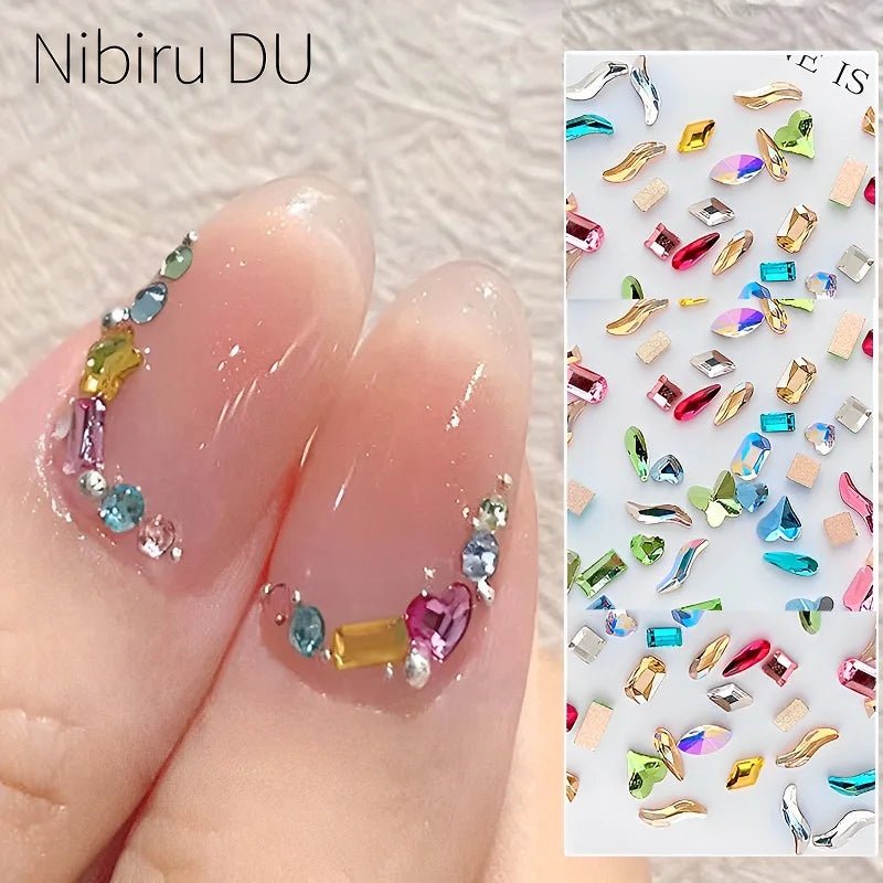 DIY luxury nail accessories set with colorful rhinestones and gems applied on glossy nails