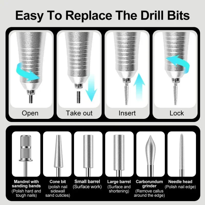 Electric Nail Drill Machine Professional Nail Drills For Gel Nail Polish Rechargeable Portable Nail File, Manicure Tool 35000RPM - Paola Center