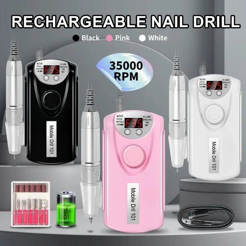 Electric Nail Drill Machine Professional Nail Drills For Gel Nail Polish Rechargeable Portable Nail File, Manicure Tool 35000RPM - Paola Center