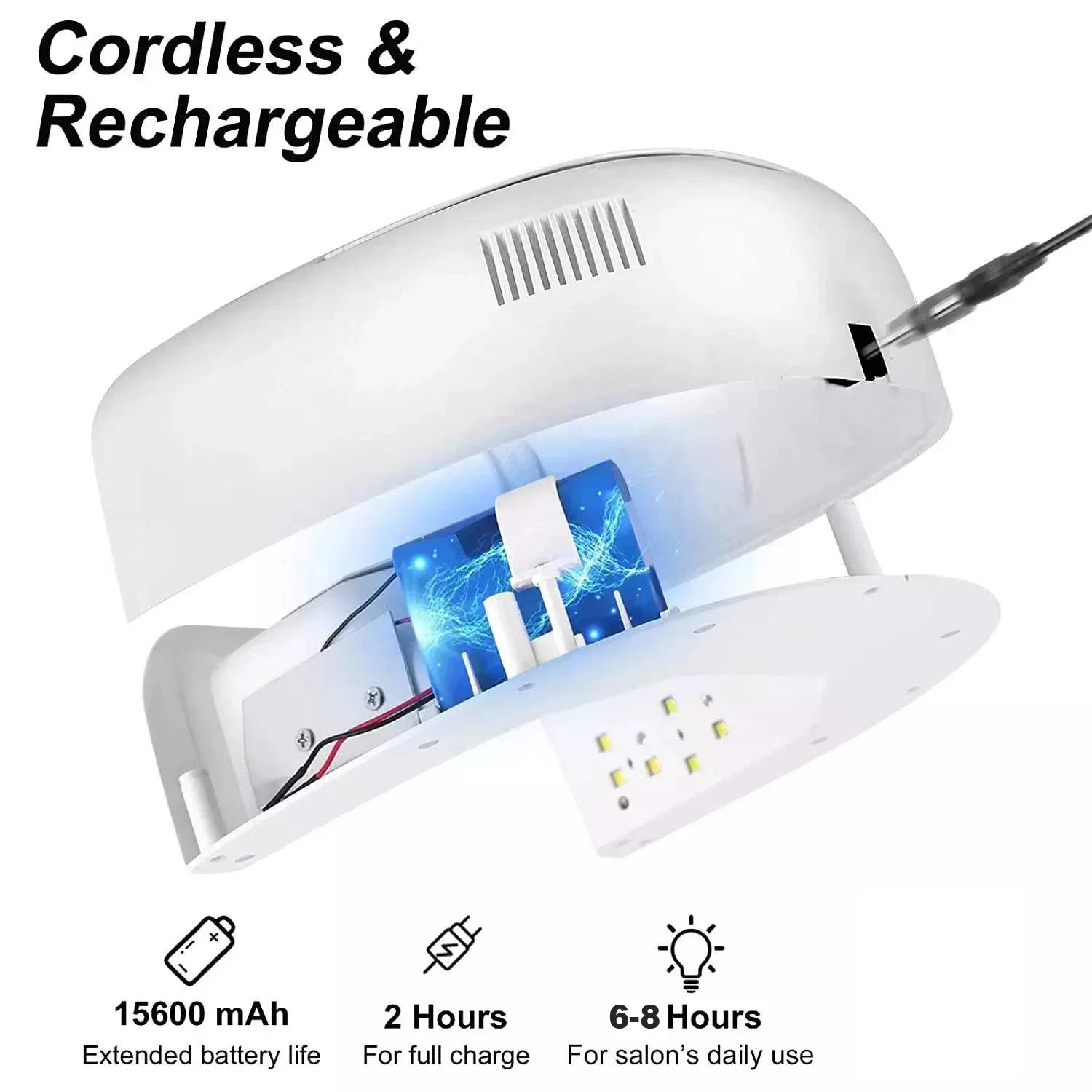 White cordless Rechargeable Nail Lamp showing internal battery and charging port by Paola Center