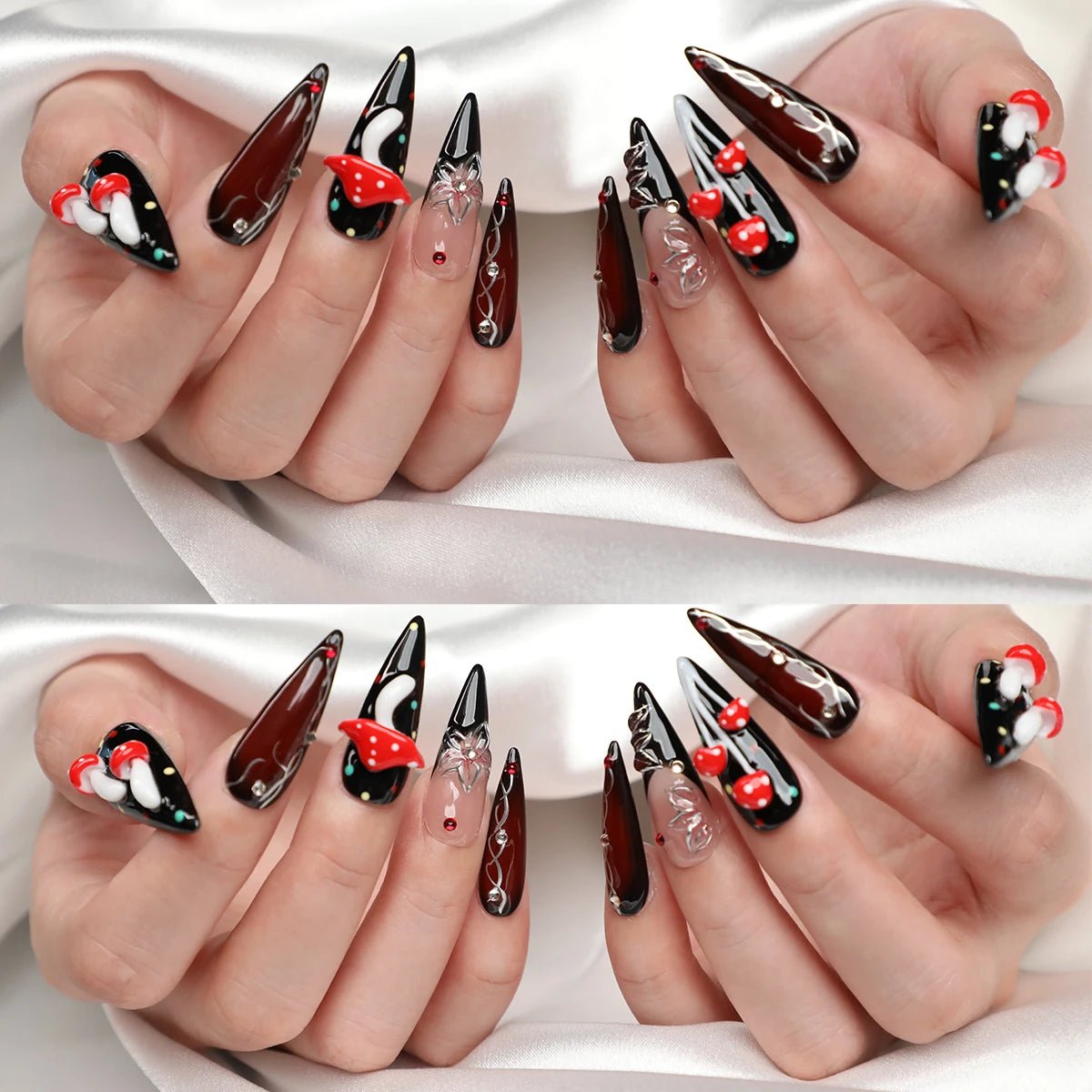 Halloween 3D Red Mushroom Press On Nails | Black Medium Long Stiletto Fake Nails | Reusable Nail Art - Paola Center