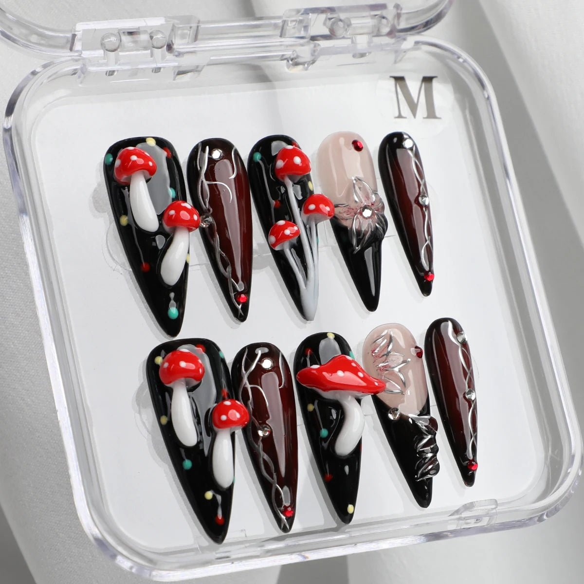Halloween 3D Red Mushroom Press On Nails | Black Medium Long Stiletto Fake Nails | Reusable Nail Art - Paola Center