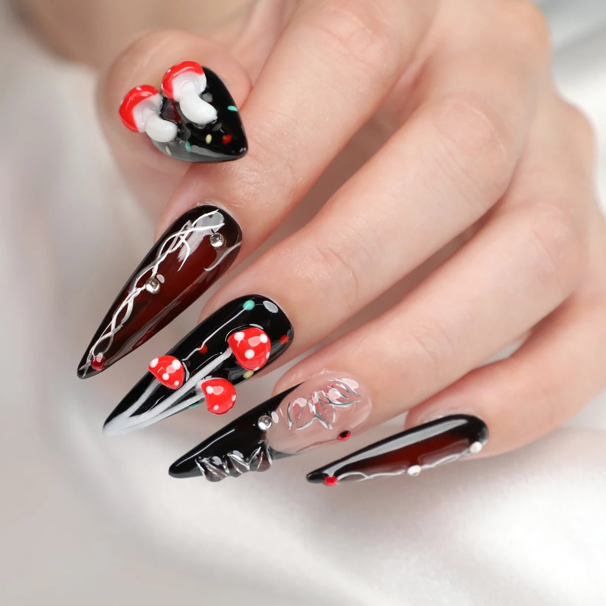 Halloween 3D Red Mushroom Press On Nails | Black Medium Long Stiletto Fake Nails | Reusable Nail Art - Paola Center