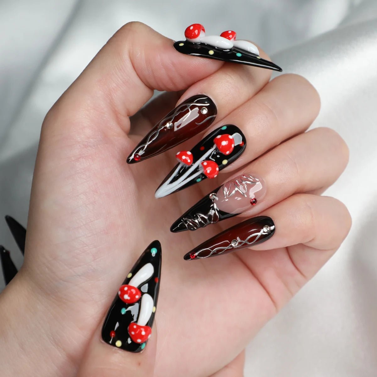 Halloween 3D Red Mushroom Press On Nails | Black Medium Long Stiletto Fake Nails | Reusable Nail Art - Paola Center