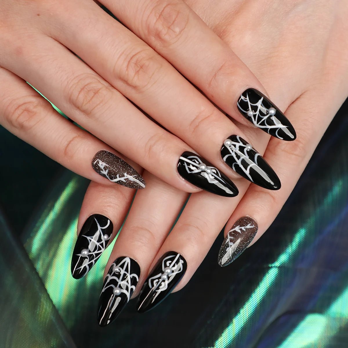 Halloween Black Spider Web Press On Nails | Almond Shape Fake Nails | Spooky Nail Art Tips - Paola Center