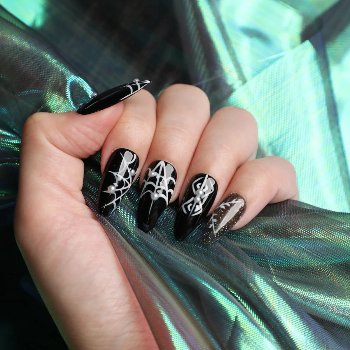 Halloween Black Spider Web Press On Nails | Almond Shape Fake Nails | Spooky Nail Art Tips - Paola Center