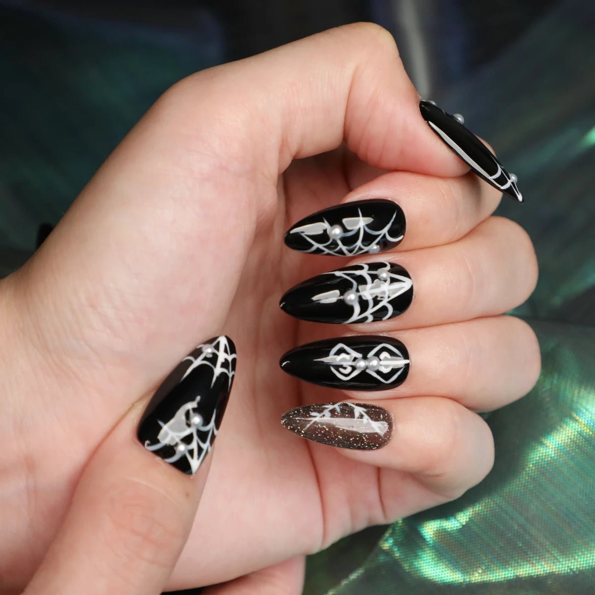 Halloween Black Spider Web Press On Nails | Almond Shape Fake Nails | Spooky Nail Art Tips - Paola Center