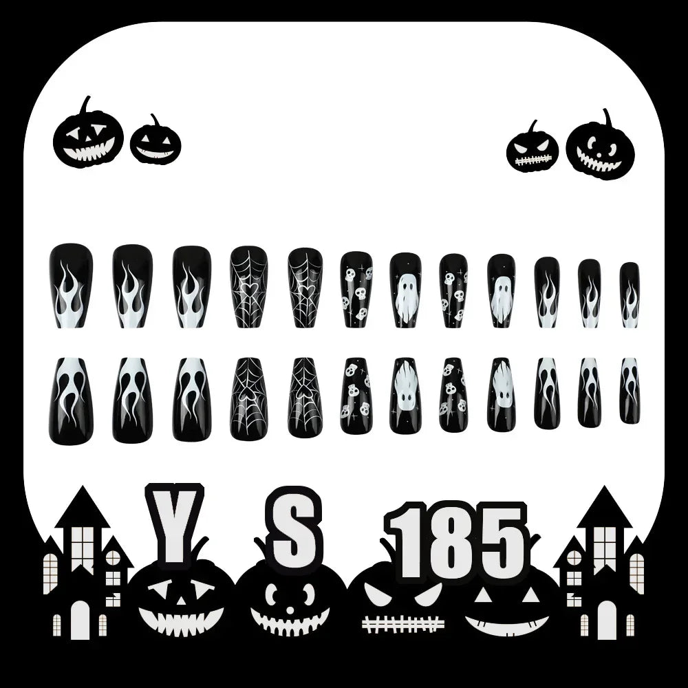 Halloween Press on Nail Medium - length False Nails White Ghost Skull Head Fingernails Fake Holiday Prosthetic Nail Set - Paola Center