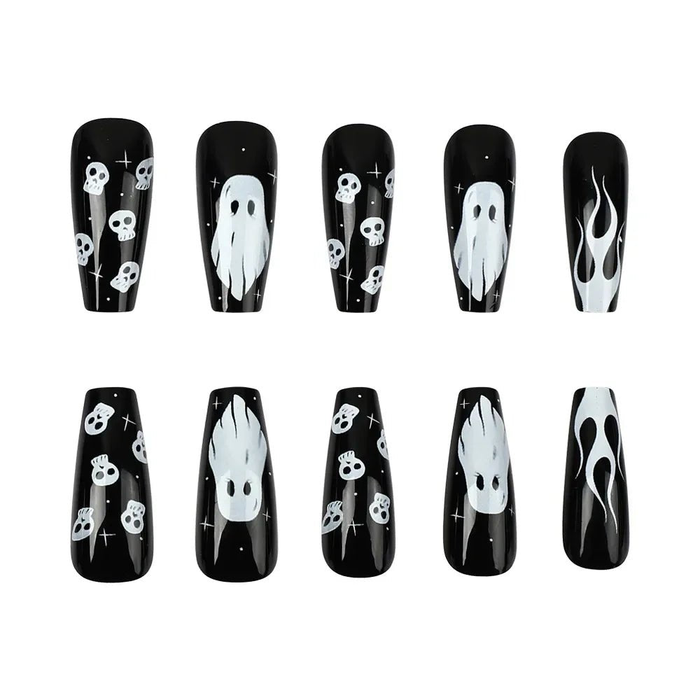Halloween Press on Nail Medium - length False Nails White Ghost Skull Head Fingernails Fake Holiday Prosthetic Nail Set - Paola Center