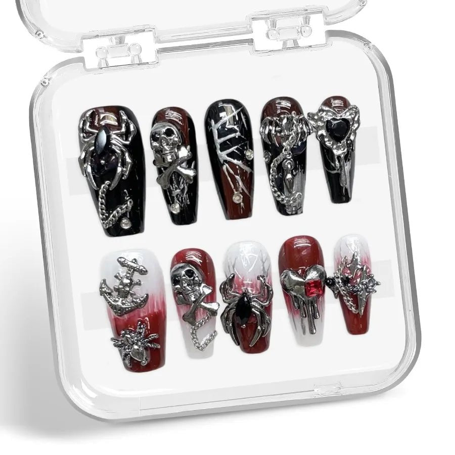 Halloween Press on Nails Goth Gradient False Nails Handmade Press on Nails Terror 3D Spider Sugar Skull and Heart Designs Mediu - Paola Center