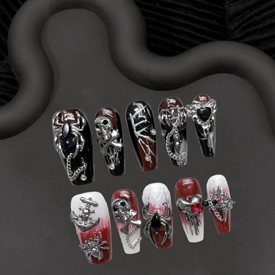 Halloween Press on Nails Goth Gradient False Nails Handmade Press on Nails Terror 3D Spider Sugar Skull and Heart Designs Mediu - Paola Center